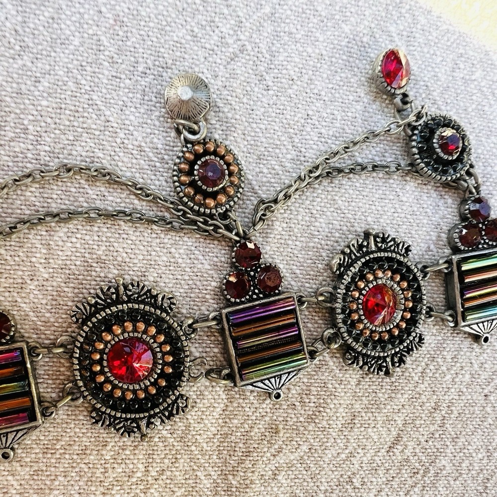 Vintage Art Deco Revival Bracelet Red Rhinestones Rainbow Glass Silver Tone - Picture 2 of 8